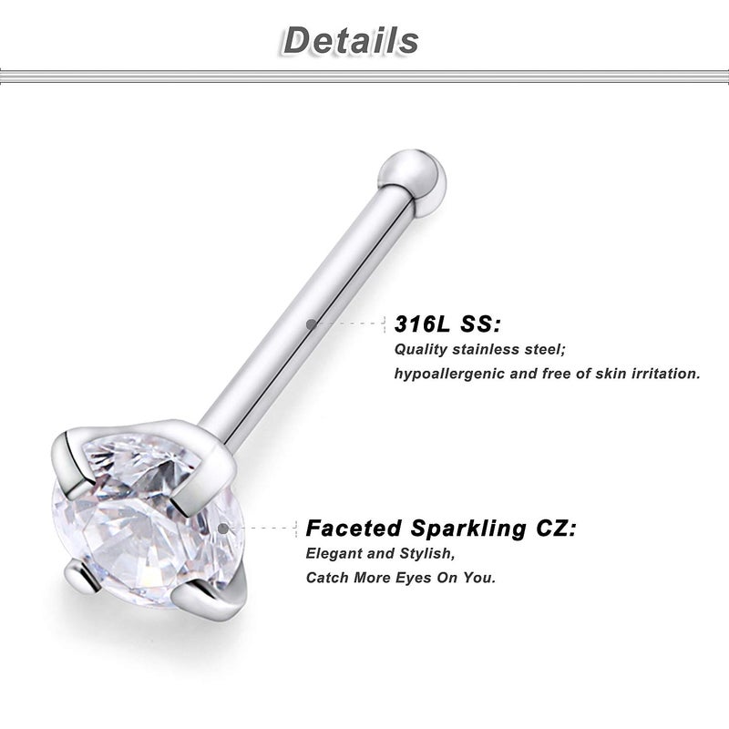 Ocptiy 18G Nose Ring Stud Piercing Jewelry for Women Stainless Surgical Steel Hypoallergenic Straight Cubic Zirconia Nose Nostril Ring Stud Pin Bone Earrings Piercing Hoop Jewelry Women Men 1.5MM 2MM - Image 2